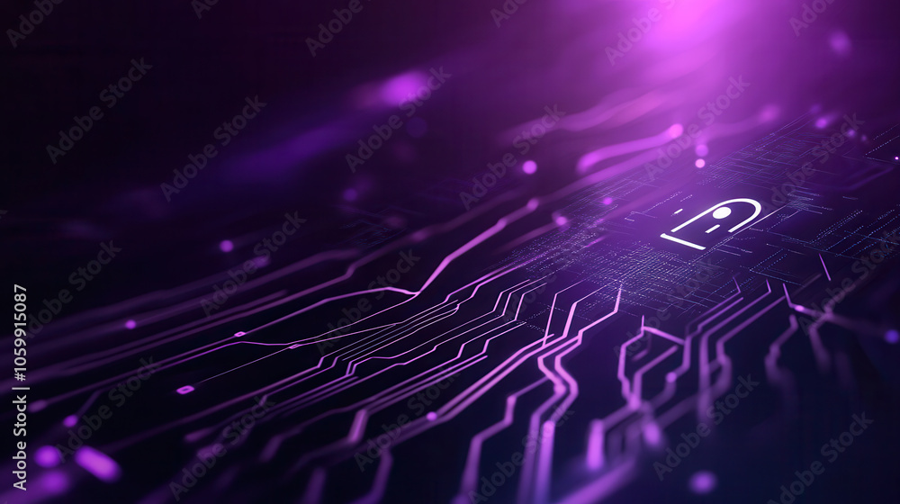 Poster abstract lock symbol on dark background with purple digital lines, representing security and technol