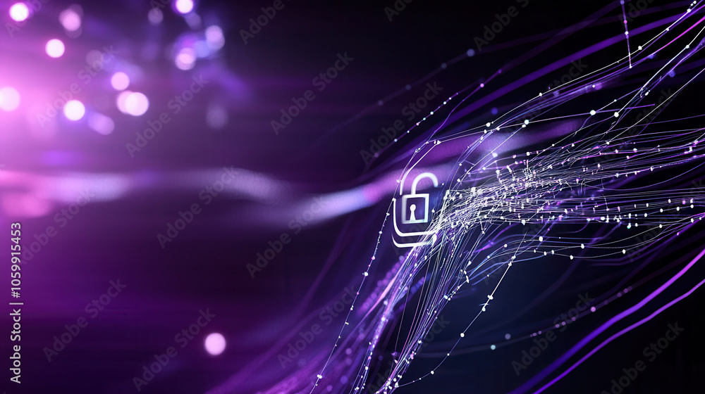 Poster abstract lock symbol on dark background with flowing lines and lights, representing cybersecurity an