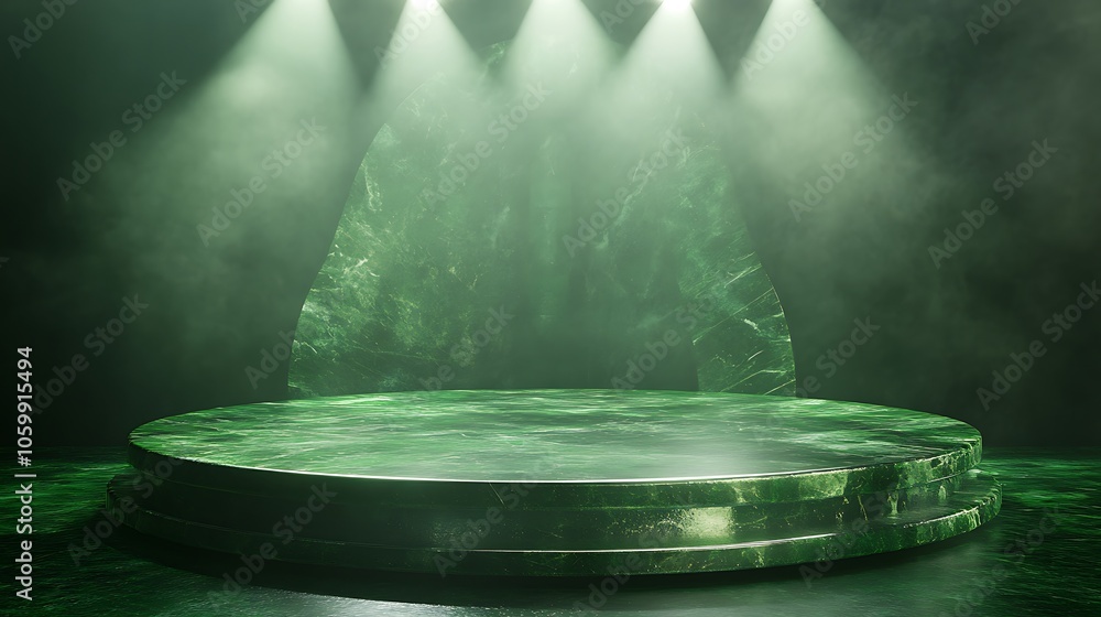 Poster a green-lit stage with a circular platform and a textured backdrop, creating a dramatic atmosphere.