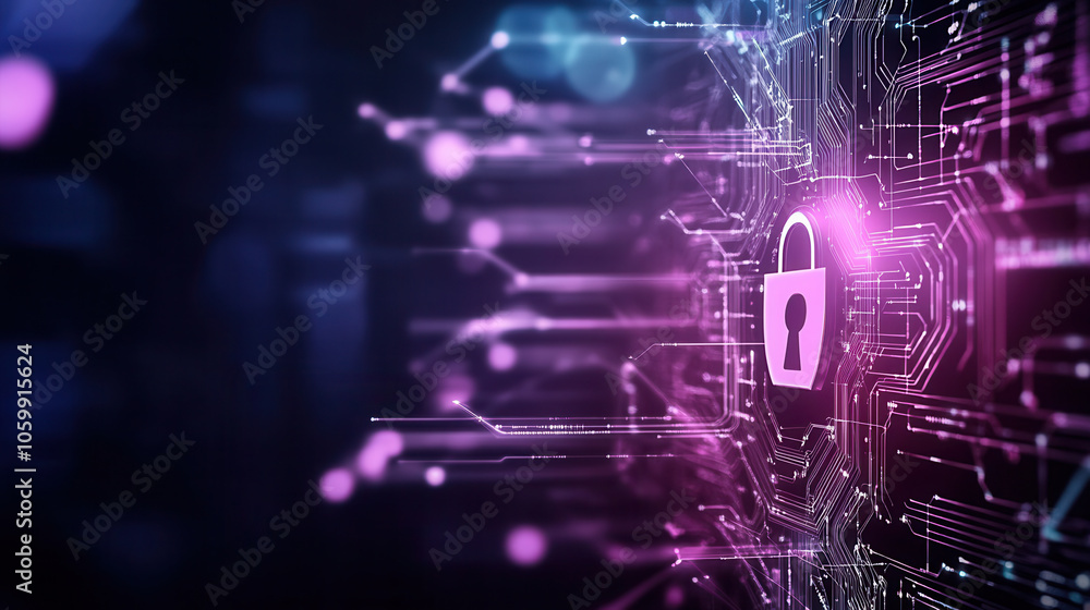 Poster abstract lock symbol on digital circuit background, representing cybersecurity and data protection. 