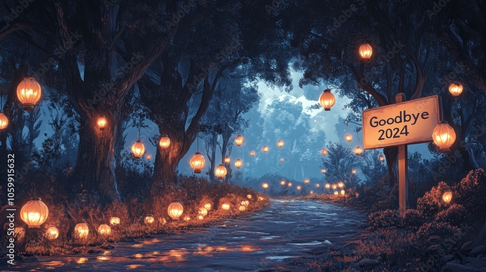 Poster a path through a dark forest lined with glowing lanterns leading to a sign that reads 