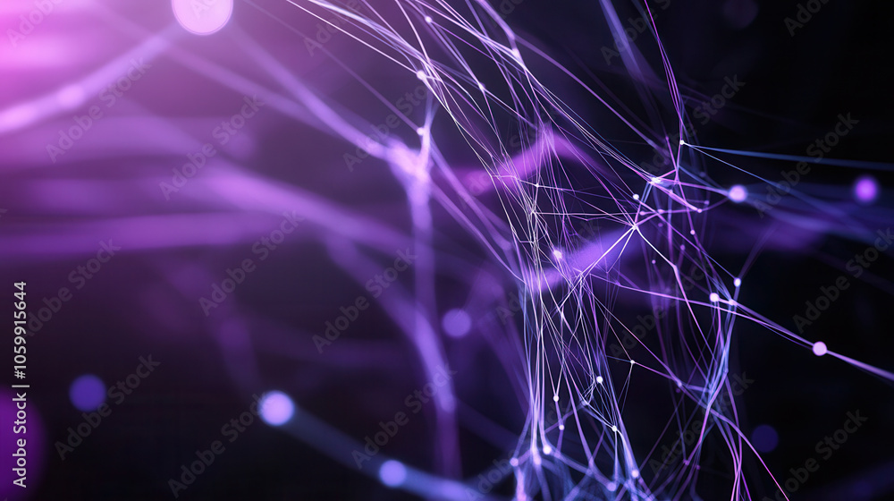 Poster abstract purple lines and nodes create dynamic network design, evoking sense of connectivity and tec