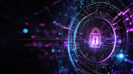 Fototapeta premium Digital lock symbol on dark background, representing cybersecurity and protection. vibrant colors create sense of security and technology