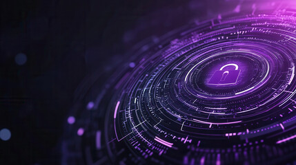 Digital lock symbol on dark background with abstract circular patterns, representing cybersecurity and data protection. vibrant purple tones enhance futuristic feel