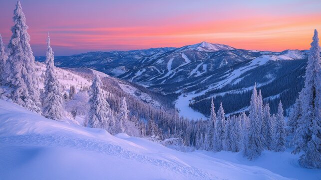 A stunning sunrise casts vibrant colors across the snowy mountain landscape in Colorado, emphasizing the tall pine trees and serene slopes.