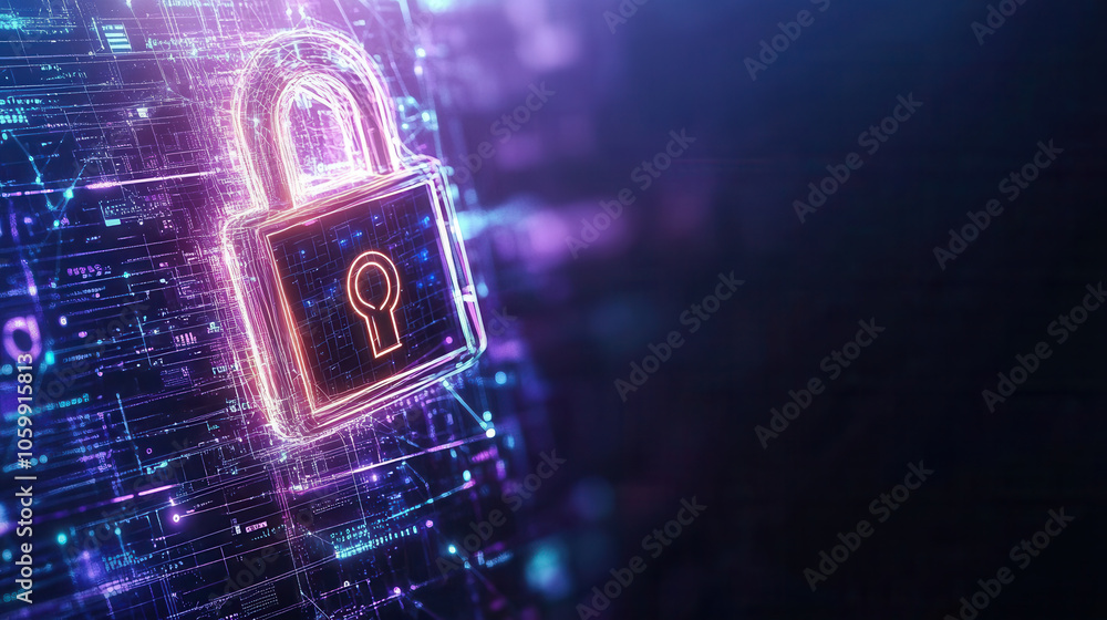 Poster abstract lock symbol on dark background, representing cybersecurity and digital protection. vibrant 