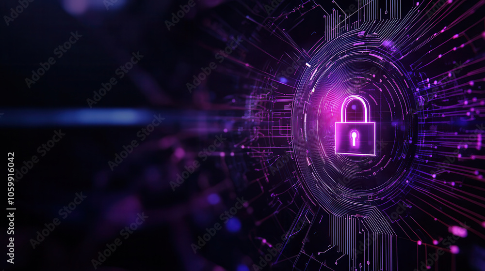 Poster vibrant abstract lock symbol representing cybersecurity and digital protection, surrounded by glowin