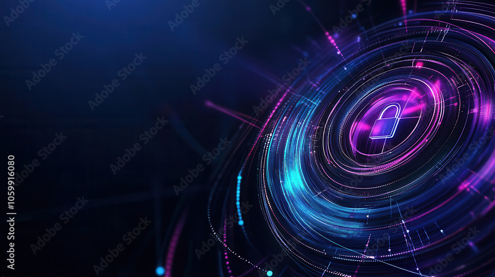 Poster vibrant abstract lock symbol on dark background, representing cybersecurity and digital protection. 
