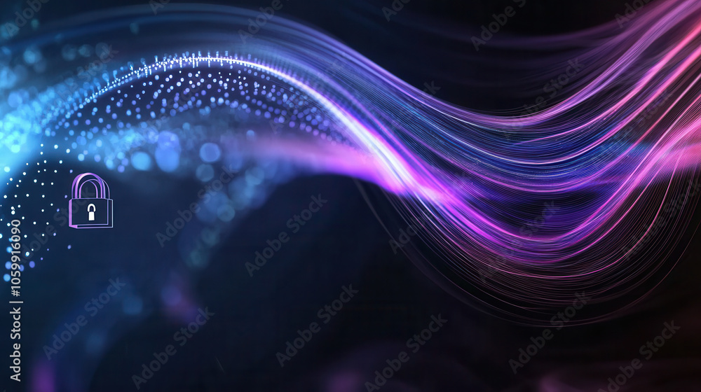 Poster abstract lock symbol on dark background with colorful flowing lines, representing cybersecurity and 