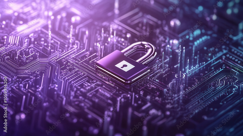 Poster secure digital lock symbol on circuit board background, representing cybersecurity and data protecti