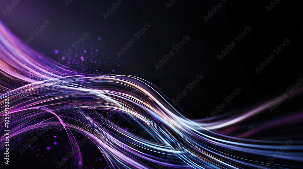 Poster abstract flowing lines in vibrant purple and blue hues create dynamic visual effect against dark bac