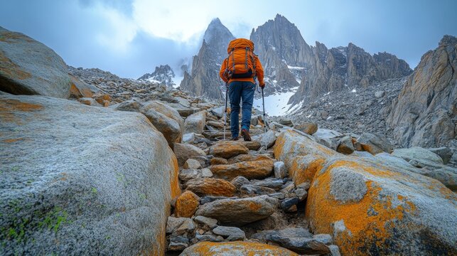 A hiker ascends a steep rocky path, surrounded by rugged mountains and patches of snow. The sky is overcast, adding a mystical feel to the landscape.