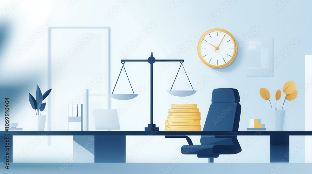 Poster modern office scene featuring balance scale, stacks of documents, and comfortable chair. design is m