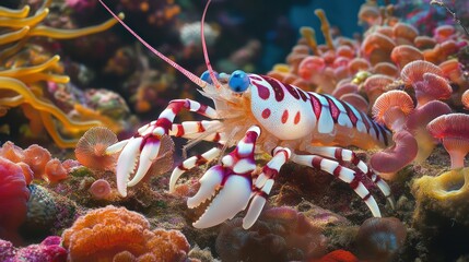 A Harlequin Shrimp with delicate white and pink patterns and star-like blue spots, resting on a reef floor. The shrimps detailed claws and delicate shape stand out against colorful corals and sea