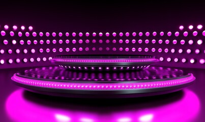 A vibrant stage setup with circular platforms and pink lighting for performances or events.