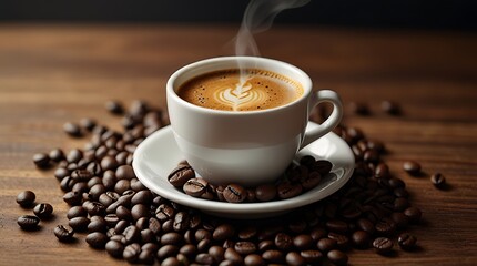 Delicious coffee beans and cup