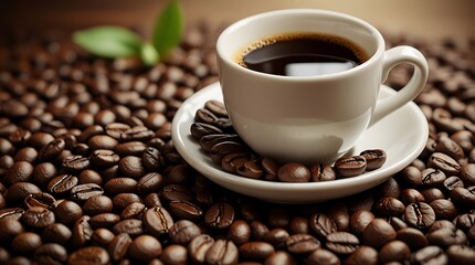 Delicious coffee beans and cup