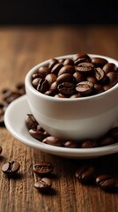 Delicious coffee beans and cup