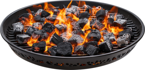 Charcoal grill with burning coals, close-up view. Outdoor cooking and barbecue concept