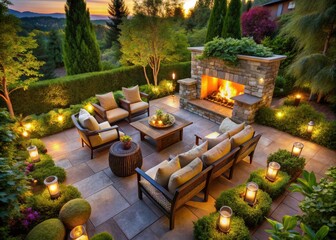 Naklejka premium Cozy Alfresco Seating with Propane Hearth for Relaxation and Gatherings, Outdoor Chairs, Warm Atmosphere, Evening Ambiance, Stylish Outdoor Decor, Comfortable Outdoor Living