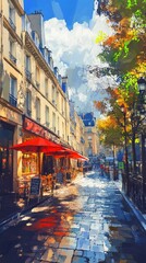 Fototapeta premium Abstract Impressionist Illustration of a Bright Sunrise Over a Parisian Street, Featuring Vivid Oil Painting Texture. Sunlight Breaks Through the Clouds, Illuminating the Avenues, While the Outdoor Ca