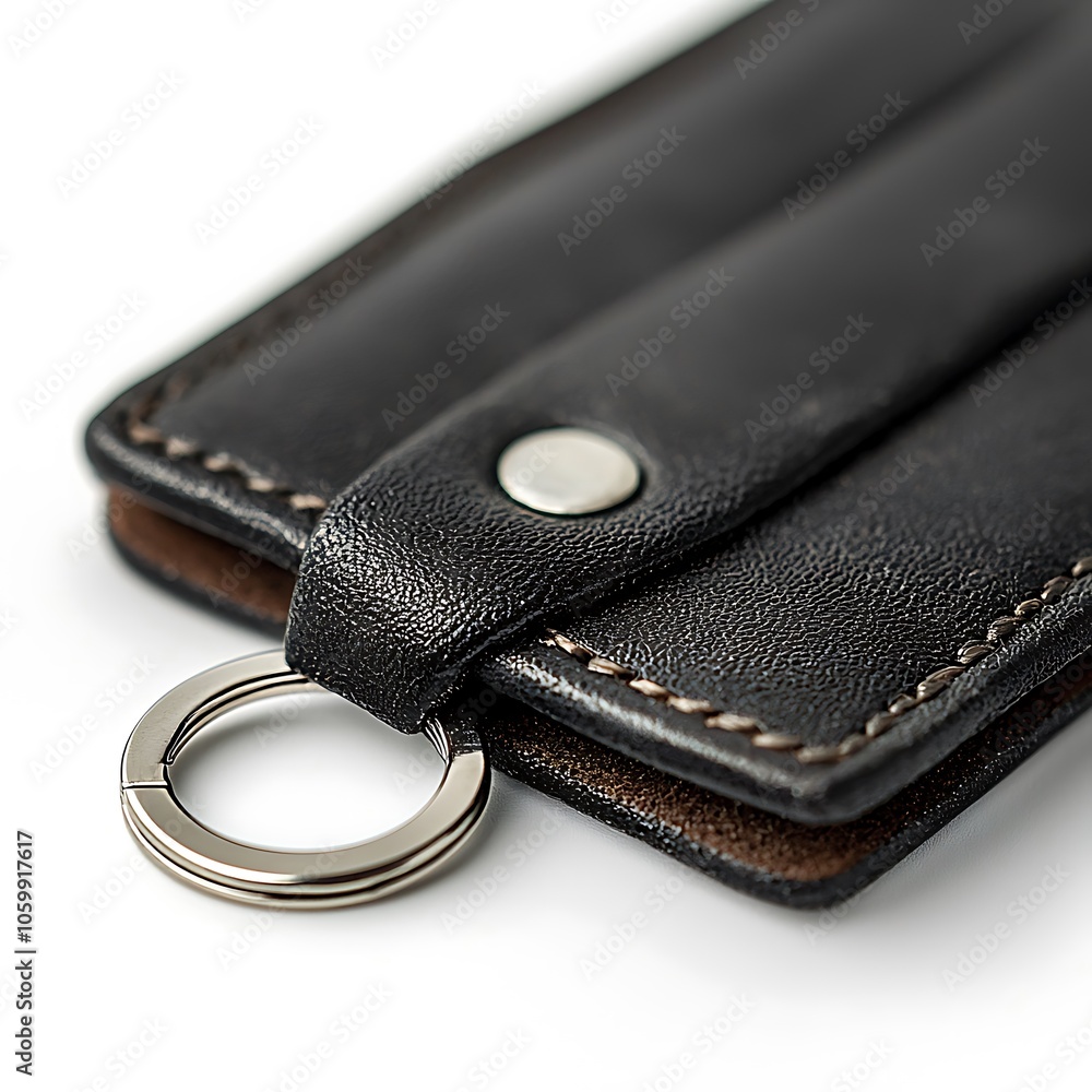 Poster a close-up of a sleek black leather wallet featuring a key ring and subtle stitching, showcasing its