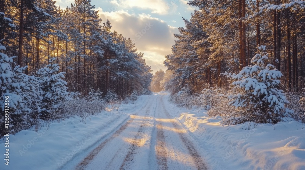 Aufkleber a serene winter scene features a winding path blanketed in snow, lined by tall trees. the warm glow 