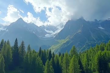 Fototapeta premium View of majestic mountains and serene forests under a beautiful sky with clouds, Val Paradiso National Park, Aosta, Italy. with generative ai