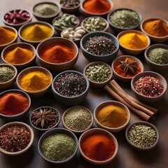 Assorted Spices Arranged in Bowls for Culinary Presentation