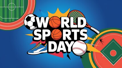 Fototapeta premium Colorful Illustration of Sports Equipment and Fields for World Sports Day