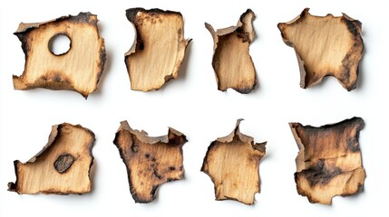 Collection of burnt paper holes in varying sizes, isolated on a white background