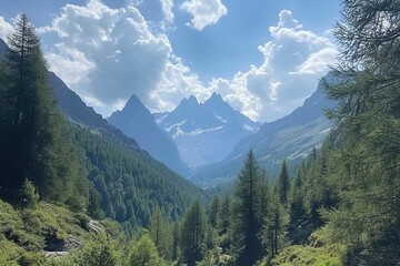 Fototapeta premium View of majestic mountains and serene forests under a beautiful sky with clouds, Val Paradiso National Park, Aosta, Italy. with generative ai