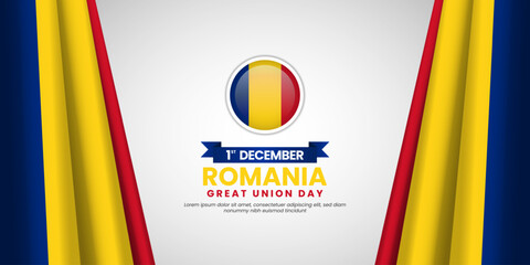 Romania great union day greeting card, banner background template with national waving flag