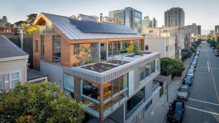 Modern San Francisco home boasts solar panels and rooftop garden, showcasing sustainable urban living and eco-conscious design in California.