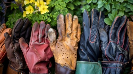 Many pairs of work gloves are hanging on a green rack with flowers in the background, suggesting a gardener has just finished their work
