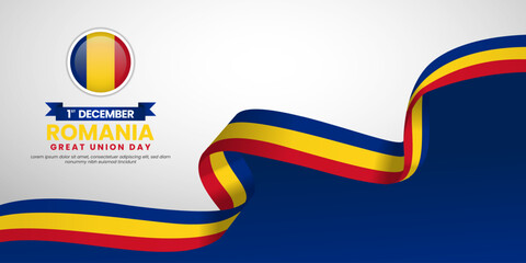 Romania Great Union Day 1 December background with national waving ribbon flag