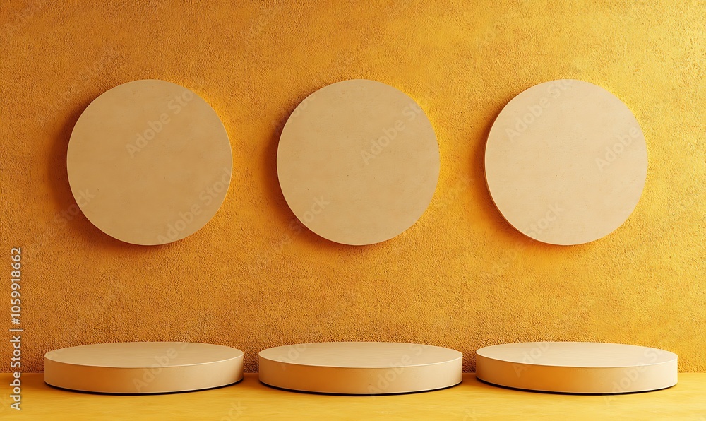 Poster minimalistic display area with circular platforms and wall-mounted circles.