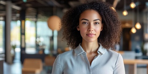 Fototapeta premium Confident Young Woman with Curly Hair in Modern Office Environment
