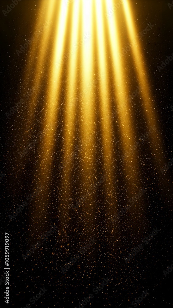 Poster beams of yellow light shining downward on a dark background with floating dust particles.
