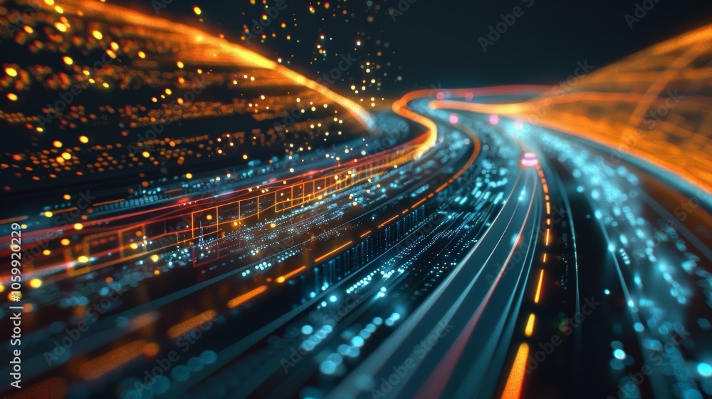Poster data streams are flowing on a futuristic highway, creating a visual representation of information tr
