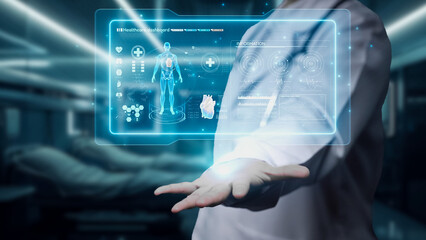 Close up of smart doctor holding HUD dashboard whole body hologram. Remedial.