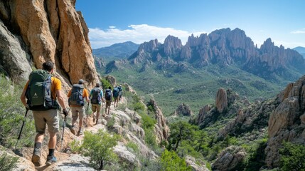 Fototapeta premium A group of hikers navigates a rugged path through mountainous terrain, showcasing breathtaking views of rock formations and greenery under a clear sky.