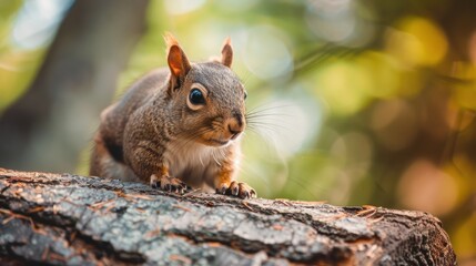 Obraz premium Photorealistic Squirrel on an old log with blurred forest background, AI generated image