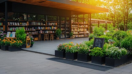 Newly opened bookstore with rows of flowers outside, inviting atmosphere, literary grand opening