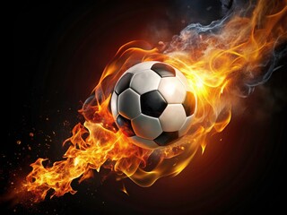 Naklejka premium Fiery Soccer Ball in Flight: Dynamic Flames and Sparks Against Dark Background
