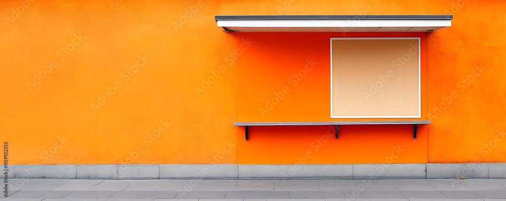 Poster a vibrant orange wall with a window-like structure and a shelf below.