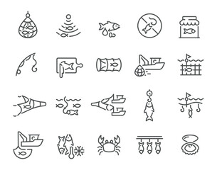 Fishing industry catching production minimalist line art icon set vector illustration