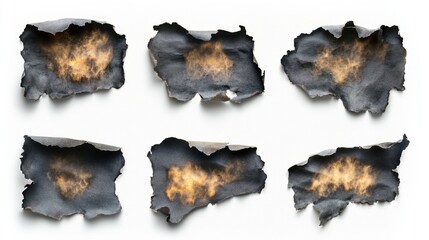 Fototapeta premium Variety of burnt paper holes with darkened borders and smoke residue on white background