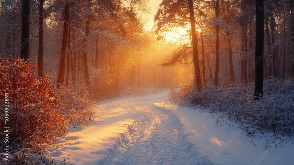 Aufkleber a winding path covered in fresh snow leads through a serene forest. the sun sets behind tall trees, 