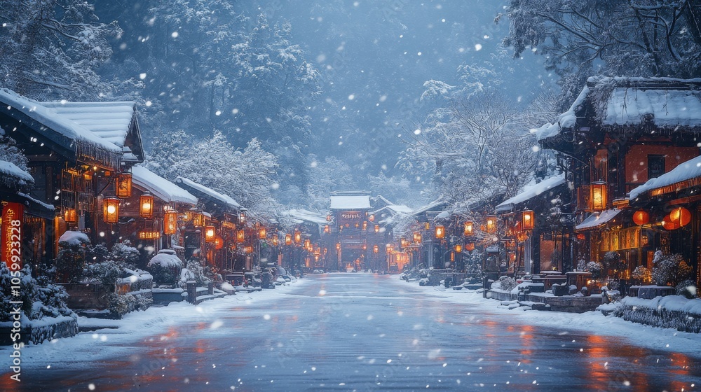 Aufkleber the tranquil winter scene showcases a traditional village enveloped in snow, with glowing lanterns l